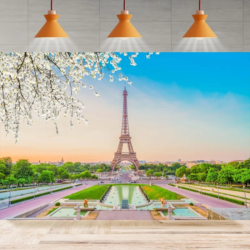 Eiffel Tower Photography Backdrop Paris City Square Spring Flowers Streetscape Background Birthday Party Backdrop Wall Banner