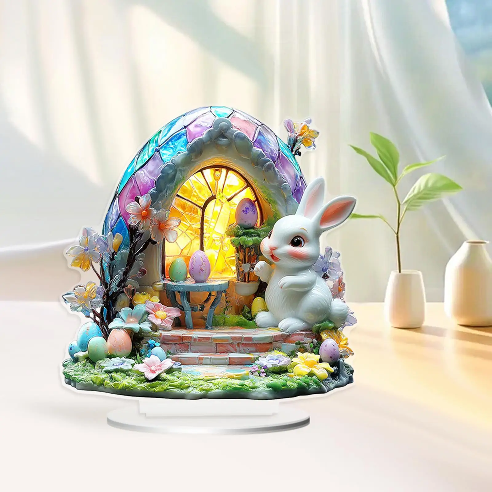Fairytale Garden Bunny Acrylic Tabletop Ornament Decorative 2D Flat Easter Figurine for Windowsill Bedside Table