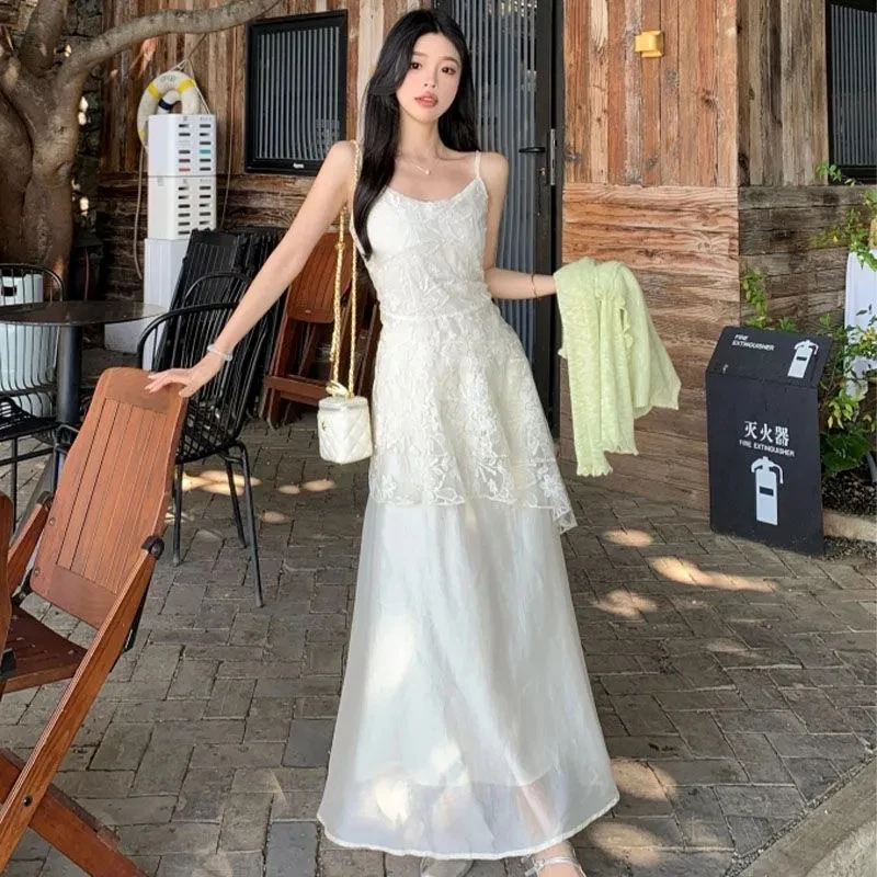 French Elegant Camis Dress for Women Fashion Lace Patchwork Irregular Midi Dress Summer New Beach Vacation Embroidered Vestidos