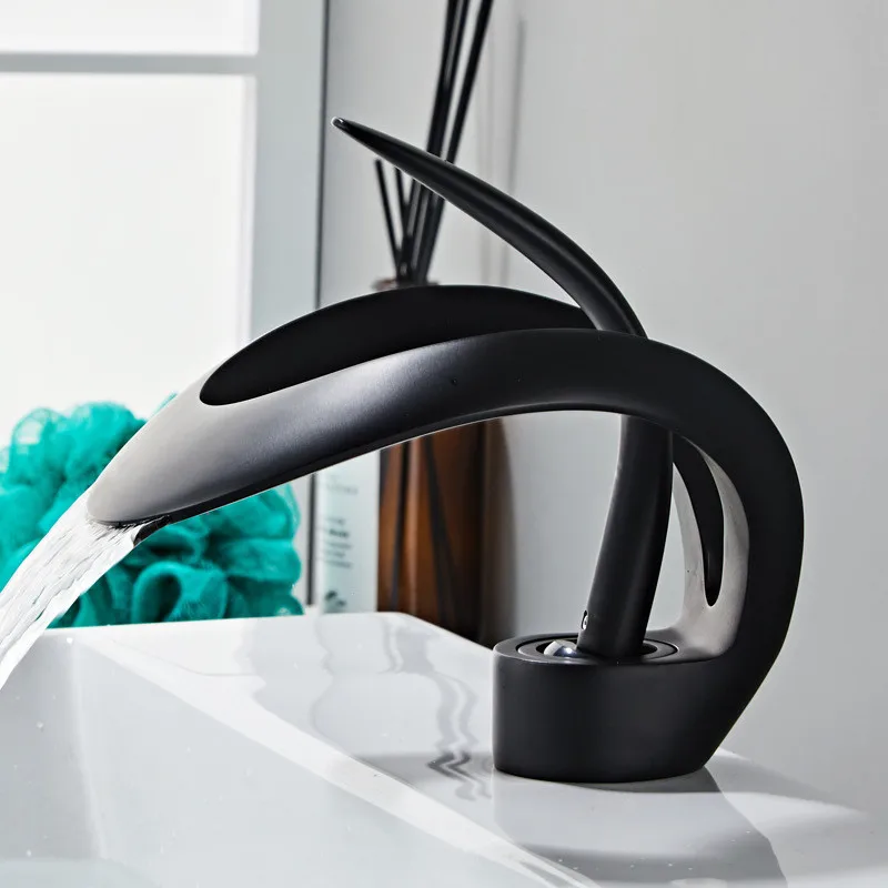 Tuqiu Bathroom Faucet Black Basin Faucet Brass Creative Grey Sink Mixer Tap Hot & Cold White Waterfall Basin Faucet