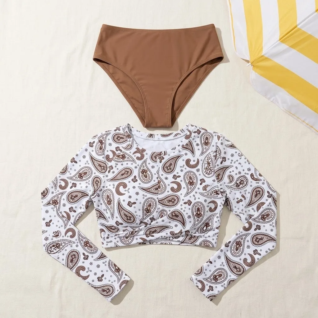 JEWELRY SEN Women Paisley Print Long Sleeve Rash Guard 2-Piece Crop Top High Waist Beach Bathing Suit Swimwear