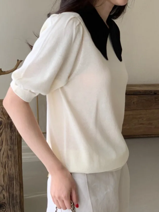 

Chic Summer Versatile Color Blo Collar Loose Casual Thin Bubble Sve Knitted Top Women's Faionable Breathable Lightweight