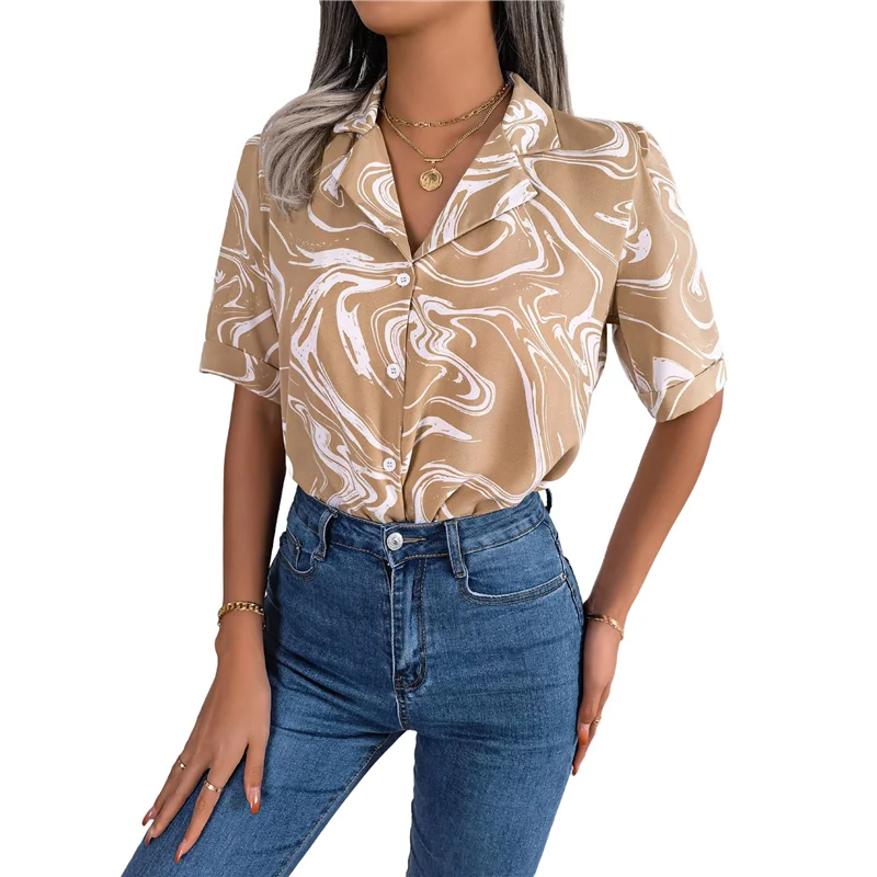 

Женская повседневная свободная рубашка с короткими рукавами и контрастным воротником-A55G