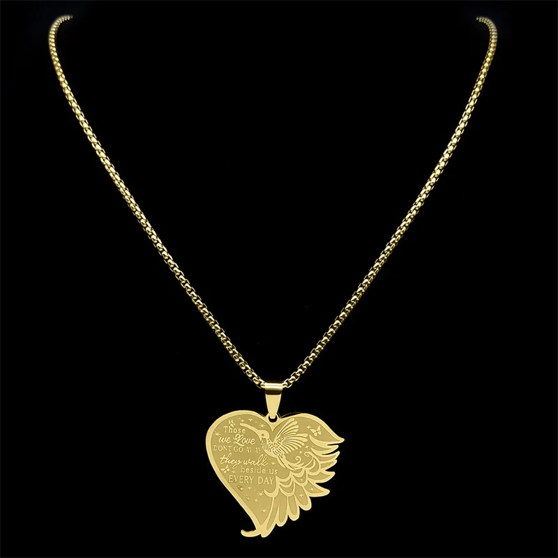 Aesthetic Hummingbird Wing Heart Necklace for Women Men Stainless Steel Those We Love Dont Go Away Chain Jewelry NZZZ545S02