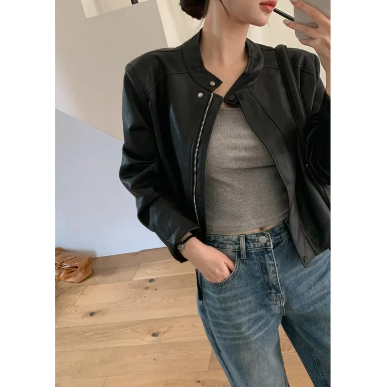 Sli rétro moto Jaet femmes rond Ne Pu cuir manteau automne hiver vêtements d'extérieur coréen Sle Street Faion