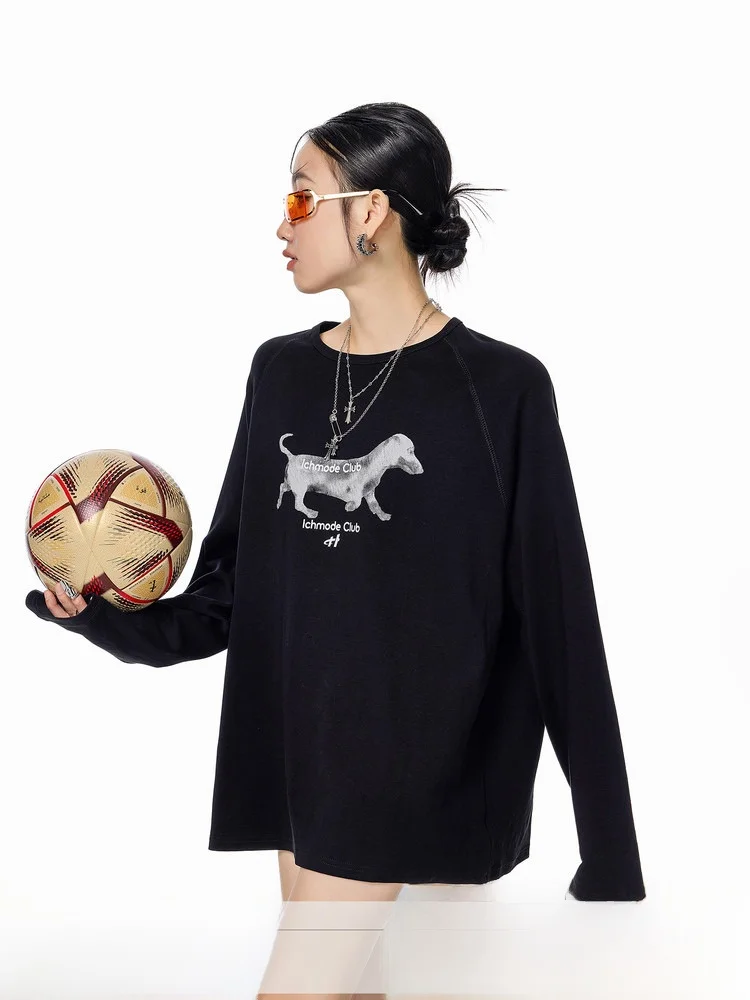 

Женская винтажная свободная повседневная футболка с длинным рукавом и принтом американской таксы, простой универсальный топ из смесового хлопка и полиэстера