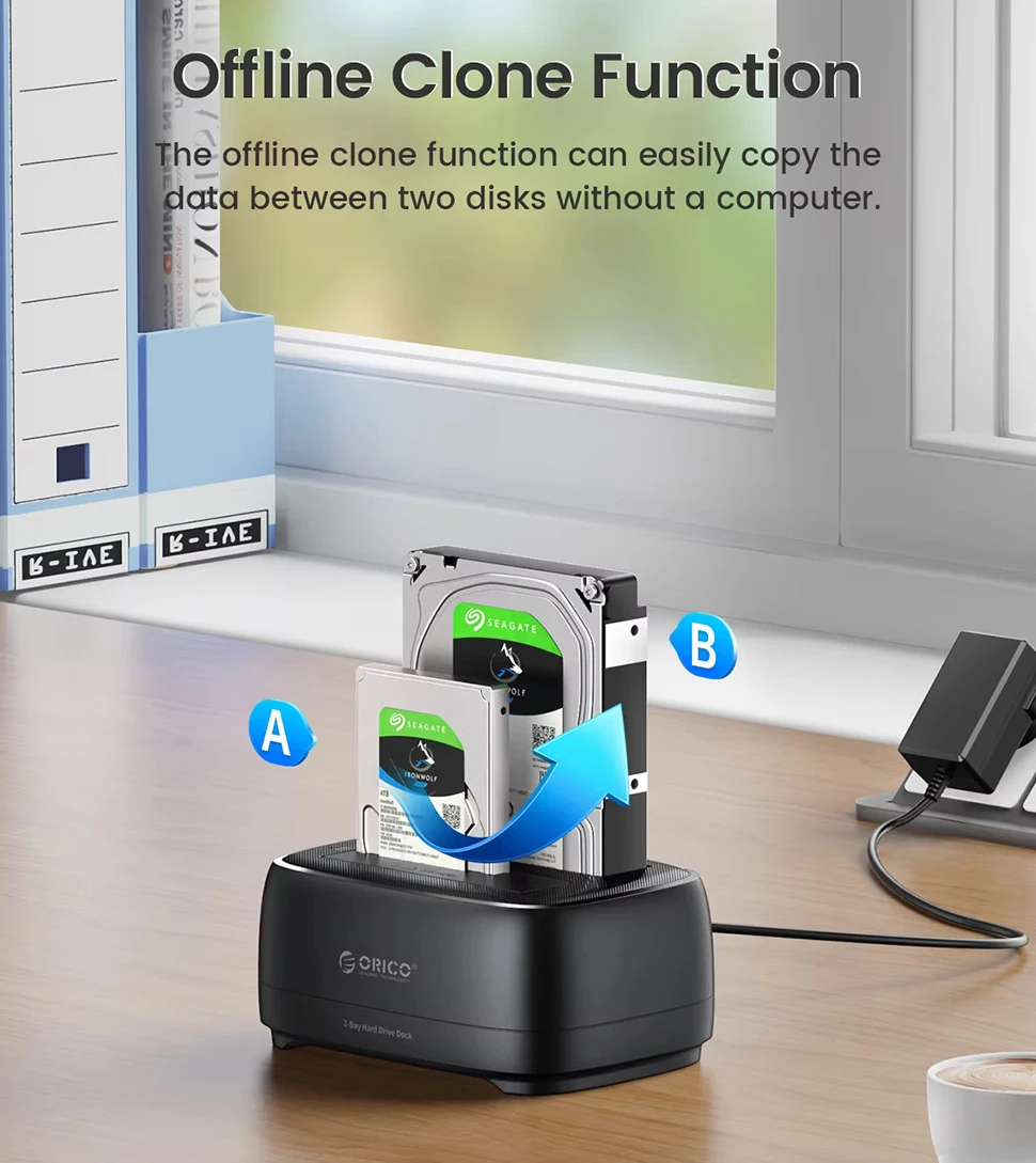 علبة ORICO 2.5 بوصة/3.5 بوصة SATA HDD SSD محطة إرساء محرك الأقراص الصلبة مع 2 حجرة نسخ غير متصلة بالإنترنت USB3.2 Type C حافظة خارجية عالية الدقة