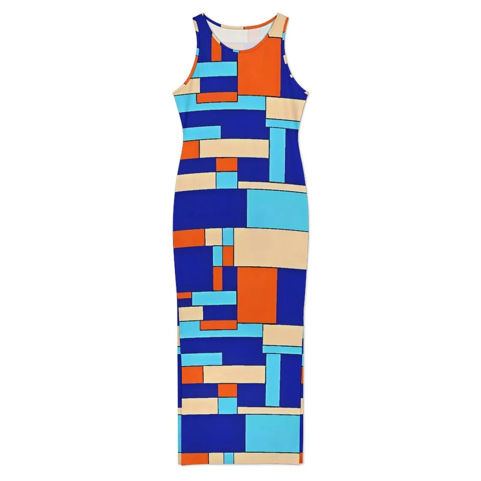 Women Bodycon Dress Vintage Contrast Color Maxi Dresses Summer Blue Cream and Orange Sleeveless Korean Fashion Design Dress