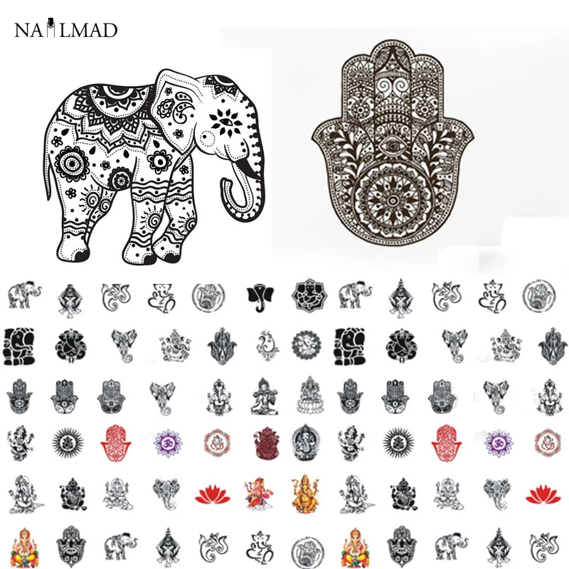 1 sheet Mandala Indian Elephant Nail Water Decals Buddha's Hand Nail Sticker Nail Art Sticker Tattoo Decals