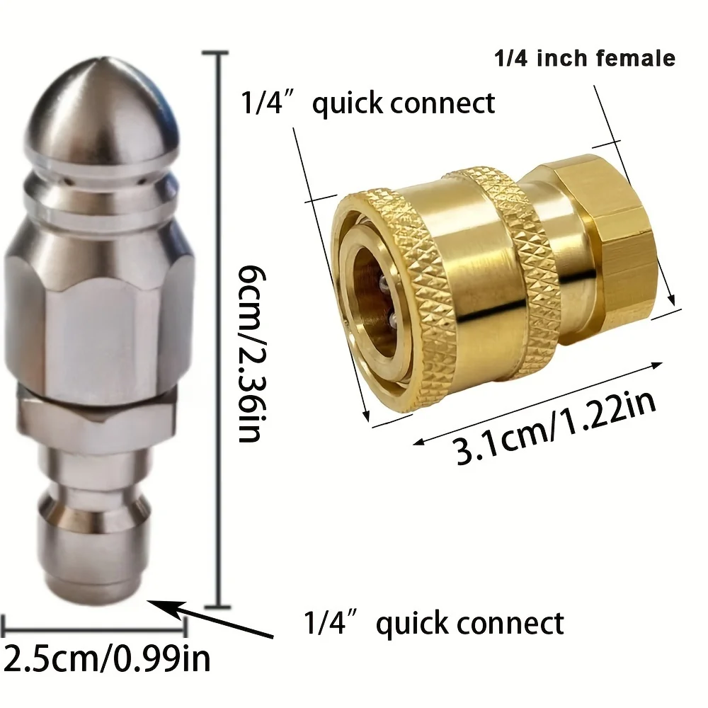 5000 PSI Sewer Nozzle with High-Pressure Cleaning Machine Coupler Stainless Steel 1/4 High-Pressure Drainage Sprayer Hose Nozzle