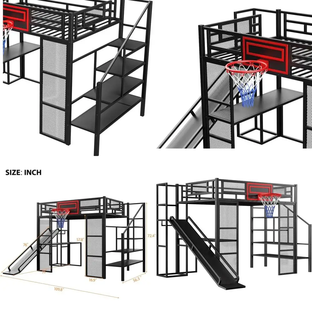

Компактная металлическая кровать-чердак с рабочим столом, горкой, баскетбольным кольцом и шкафом для детей/подростков, грузоподъемность 350 фунтов, белая, простая сборка