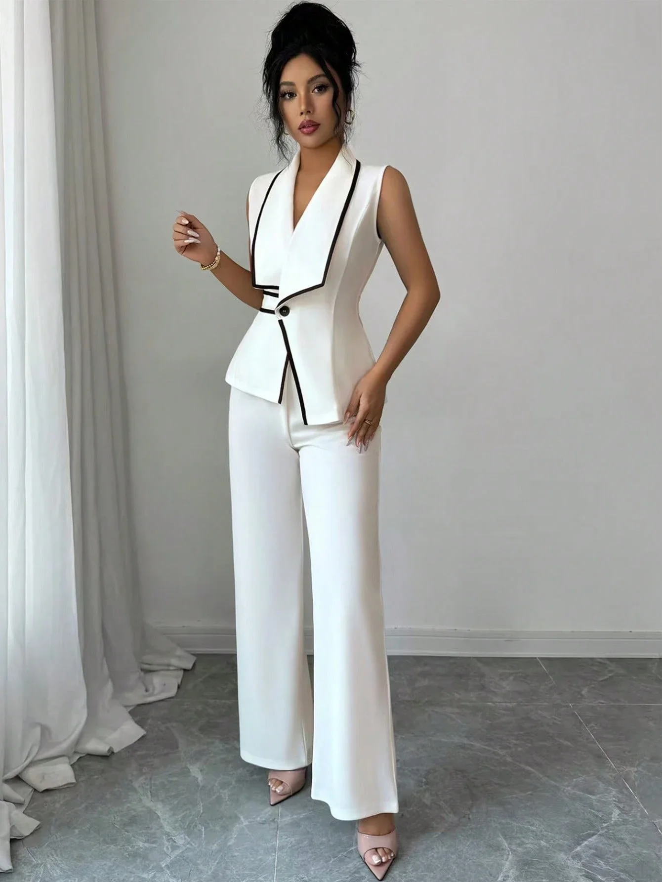 

Women's Sleeveless Asymmetric Hem Crop Top And High Waist Wide Leg Pants Elegant Office Pant Suit