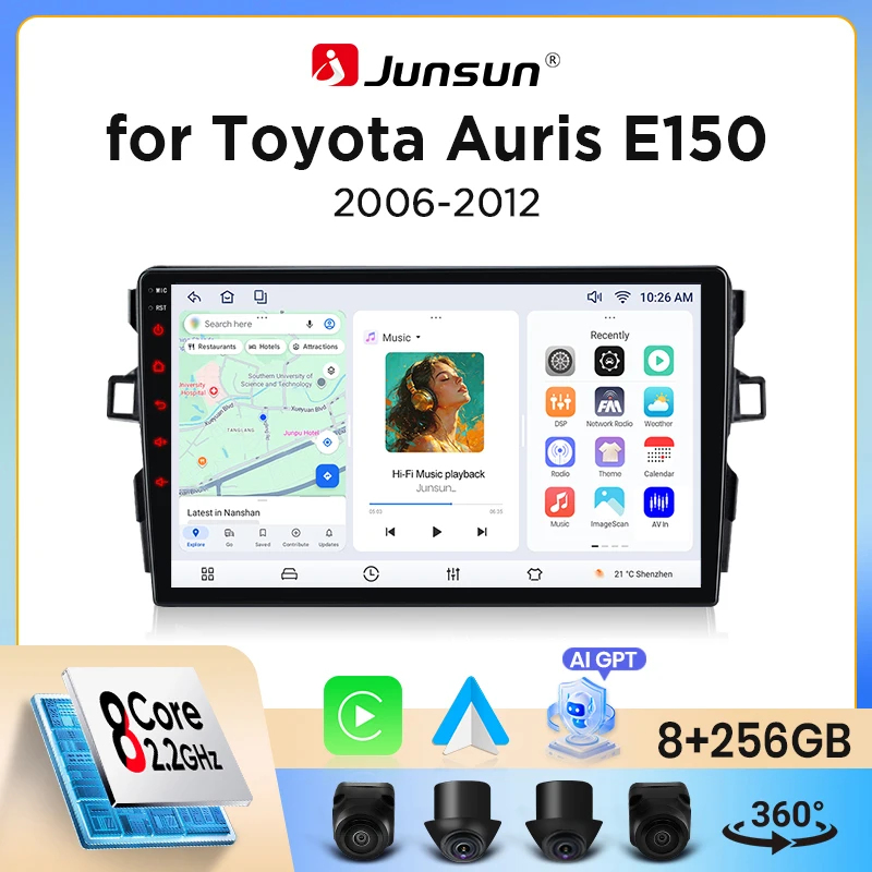 Autoradio Junsun sans fil CarPlay Android Auto pour Toyota Auris Mk1 (E150) 2006-2012, ventilateur de refroidissement intégré, navigation GPS Android, lecteur multimédia, WiFi, DSP, RDS, BT, SWC, écran tactile IPS, autoradio, lecteur vidéo, unité principale, stéréo