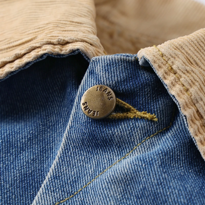 Sherpa-gefütterte Jeansjacke mit Patchwork-Kordkragen, Fleece-Cargojacken für Herren, Vintage-Waschung, Oversize-Warm-Jeansmantel für den Winter – Detail 5