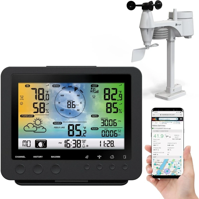 15-in-1 Wi-Fi Weather Station with 5-in-1 Sensor Array, Humidity Wireless LED Color Console w/Forecast Data, Alarm, Alerts