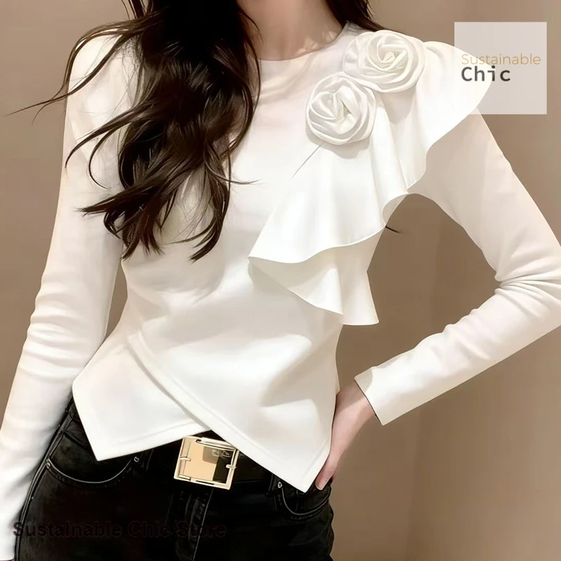 

French style high-end white short-sleeved T-shirt women's spring and summer new fashion design shoulder flower casual top