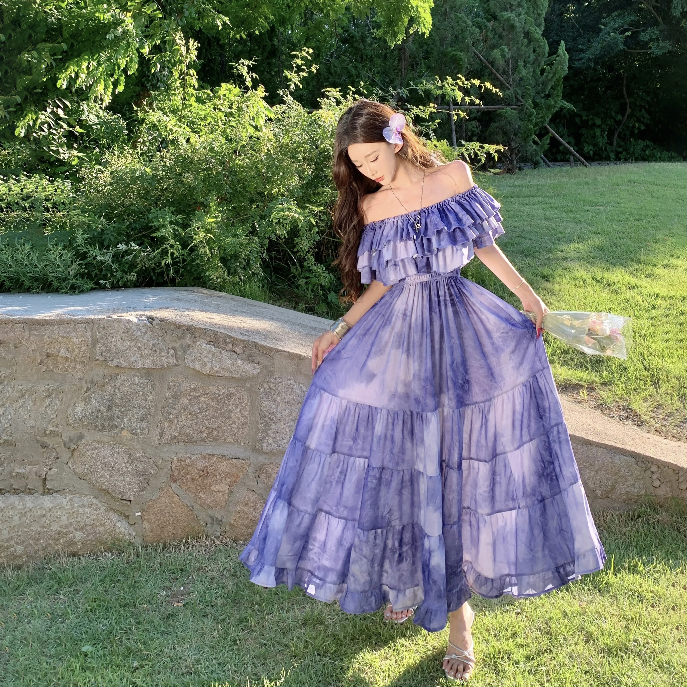 Feminino roxo tie-dye francês em camadas vestido babados reúne elegante robe para eventos slash-neck sem costas chique verão na moda outfit