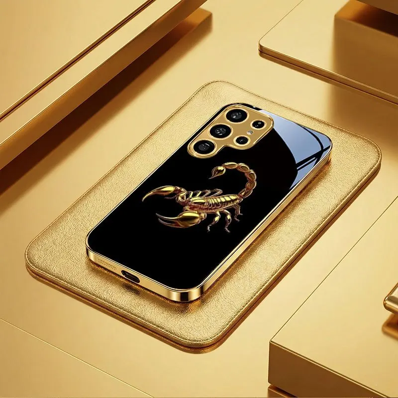 High end golden scorpion patterned glass phone case suitable for Samsung Galaxy S26 S25 S24 S22 S21 S20 FE/Ultra/Plus hard case