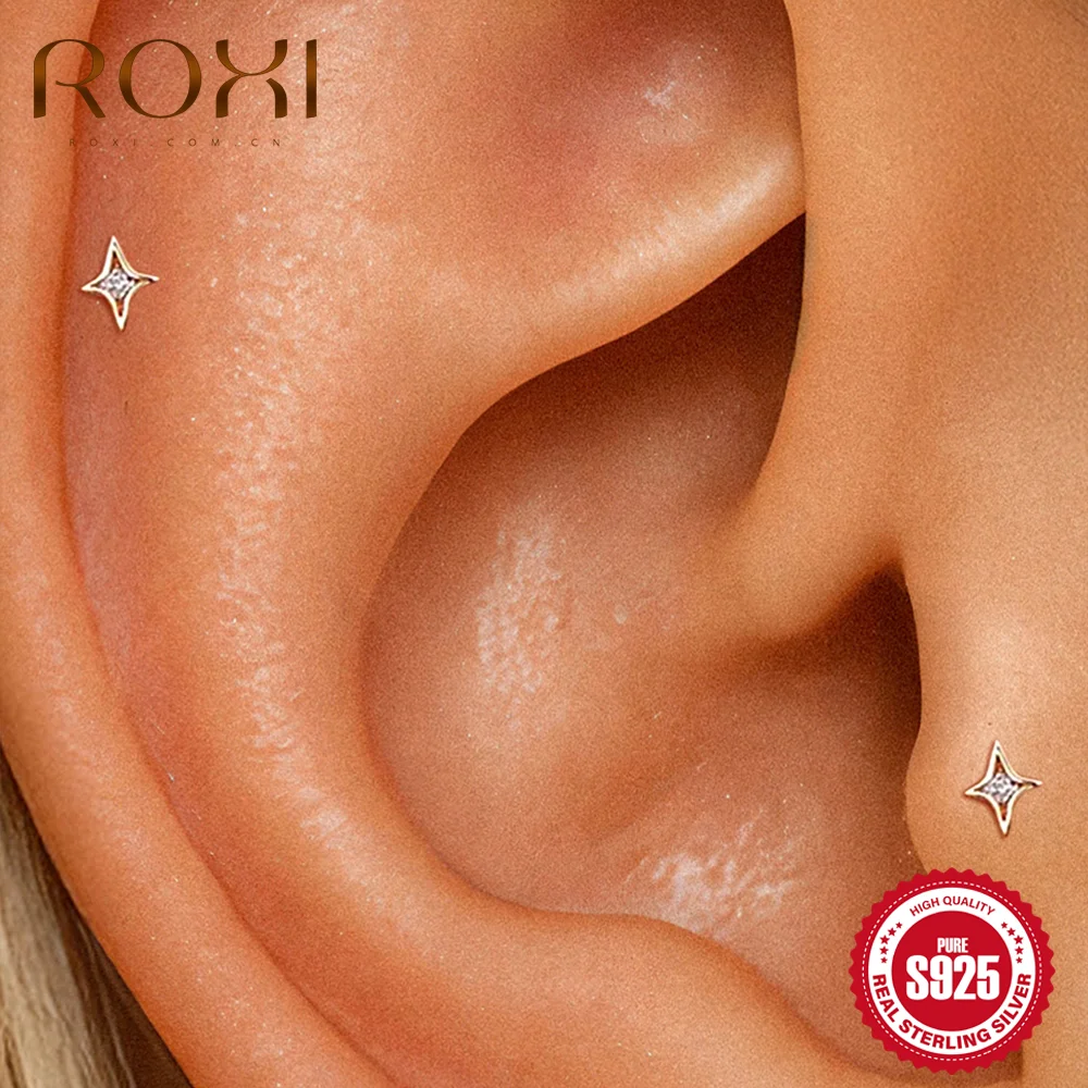 ROXI 1 Piece 925 Sterling Silver Mini Quadrangular Star Zirconn For Woman Flat Back 18K Gold Ins Piercing Earrings Fine Jewelry