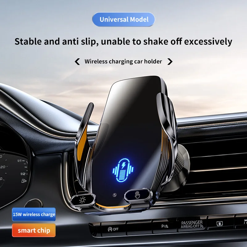 BK16 15W Wireless Car Charger – IR Sensor Auto Clamp, Built‑in Battery, 360° Rotation, Anti‑Shake for iPhone & Android