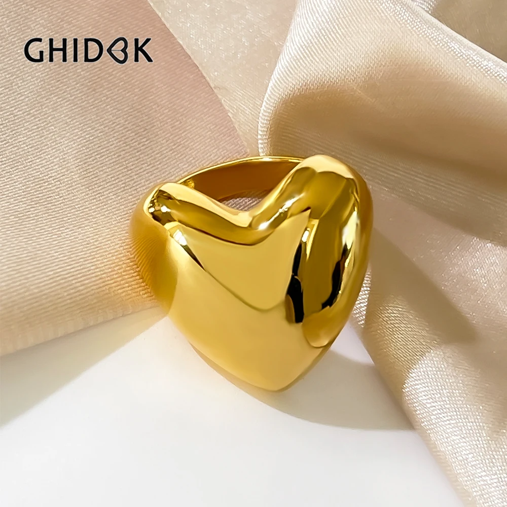 GHIDBK Stainless Steel 18K Gold Pvd Plated Chunky Heart Signet Ring Jewelry for Women Free Tarnish Statement Dome Rings Trend