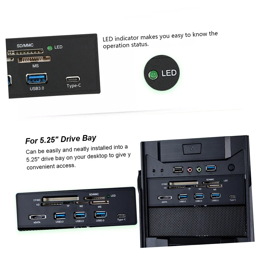 PC-Frontplatte, 5,25 Zoll, interner Kartenleser, Medien, Multifunktions-Armaturenbrett, Typ C, USB 3.1, USB 3.0, unterstützt CF MD XD MMC TF M2 MS