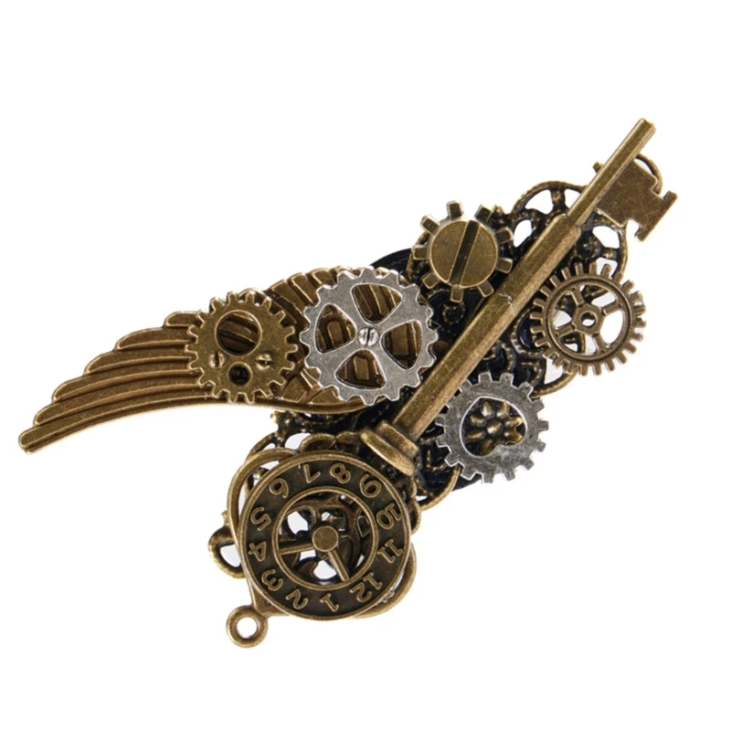 2in1 Medieval Lapel Pin/ Hair Clip for Girl Adult Hair Costume Decors Steampunk Wing Gear Key Lapel Pin Hair Pin