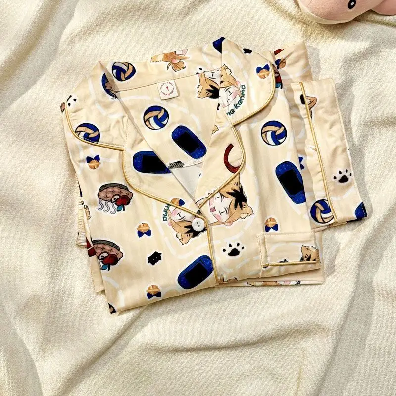 Cartoon Haikyuu  Cat Pajamas  Spring Clouds Pure Cotton Long Sleeves Anime Outside Lounge Clothes Kozume Kenma Trousers Set Gift