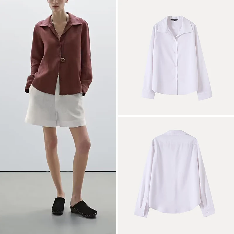 

Ele Long Sve irt for Women Spring 2025 Classic Preppy Sle Loose Fit Polyester Fiber Z Versatile Faion Brand