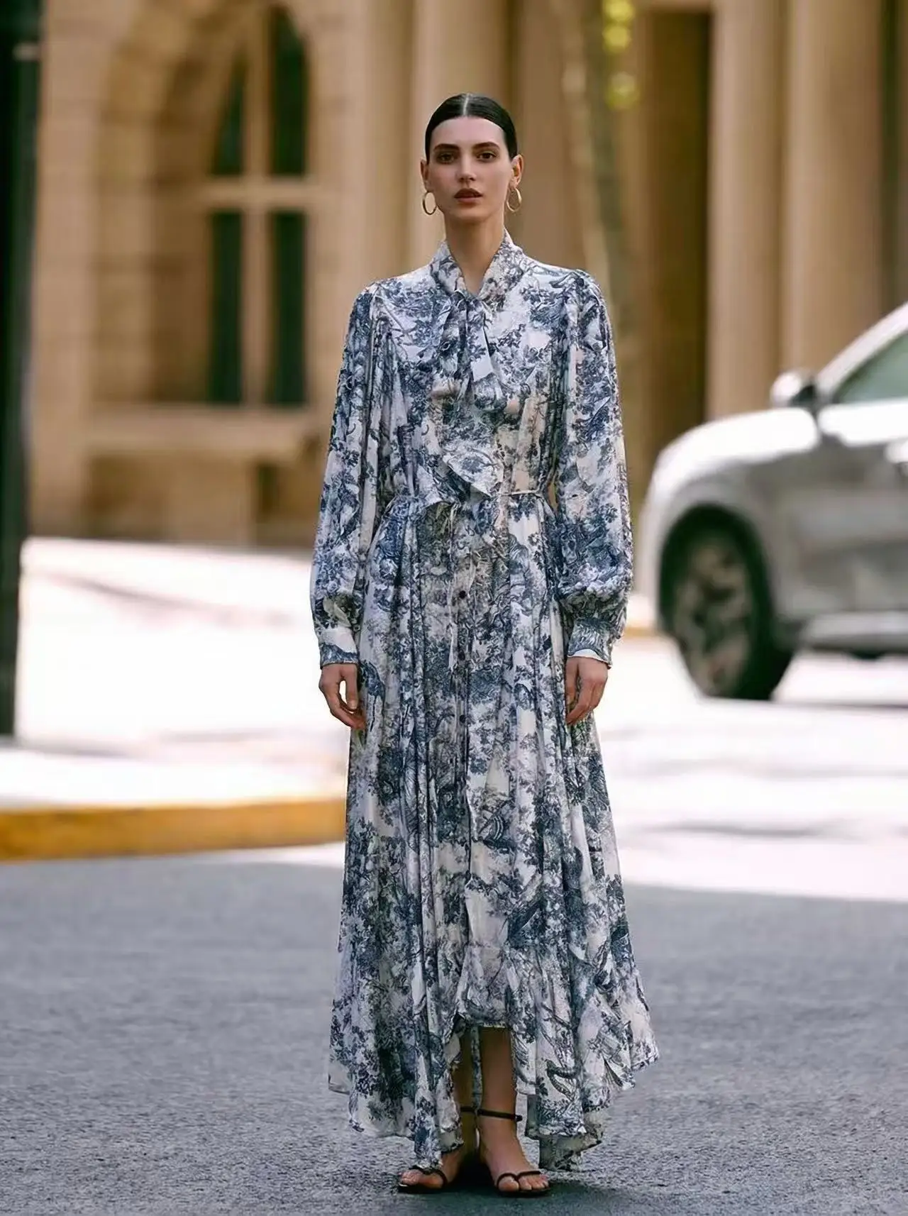 

Новое весеннее модное платье 2026 года для женщин: элегантное, с длинными рукавами, асимметричное, для вечеринок, с принтом, бантом и шнуровкой, в стиле французского винтажа, повседневное, свободного кроя