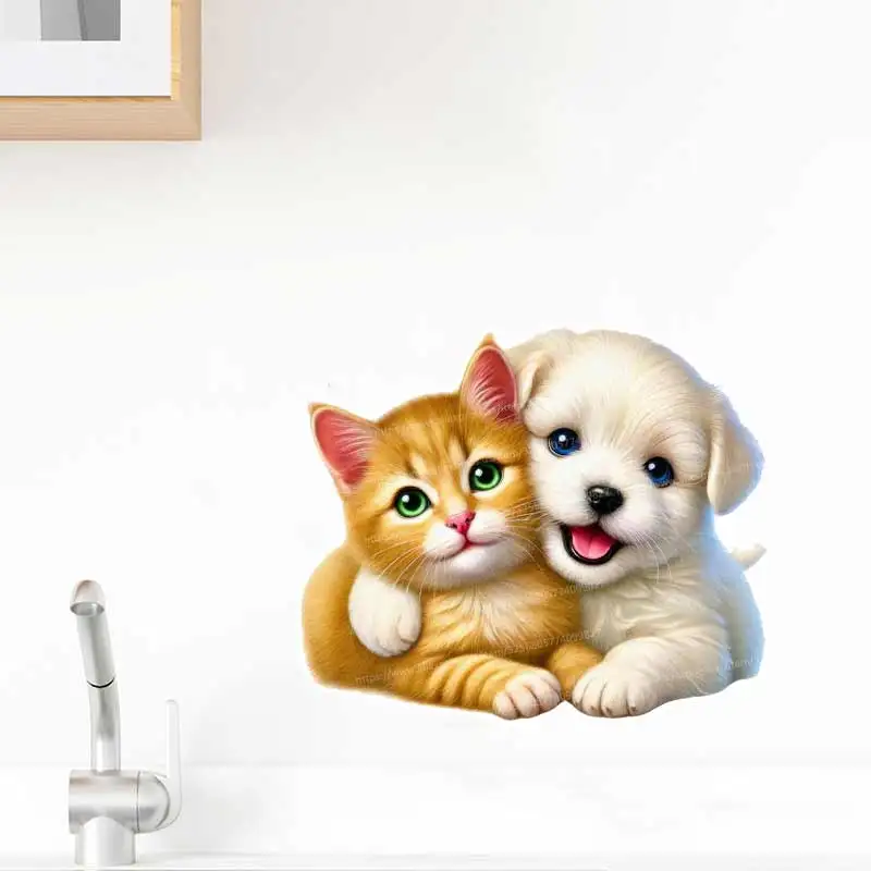 Cute Cat Dog Friendship Wall Sticker Kids Room Decoration Self-adhesive Bedroom Home Wallpaper Nursery Decor Decals M1337