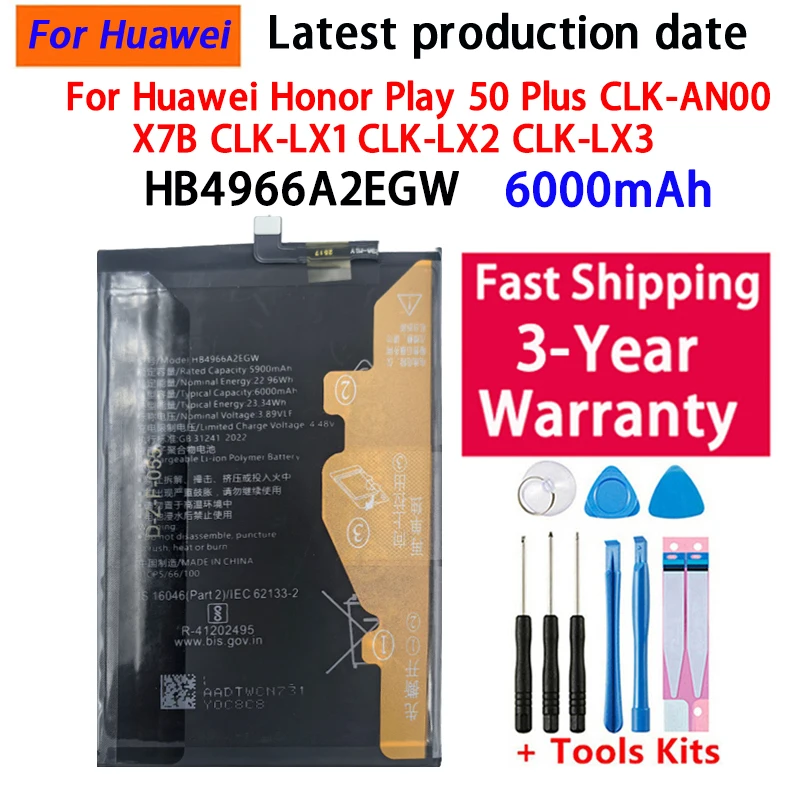 Batería de teléfono móvil HB4966A2EGW para Huawei Honor Play 50 Plus CLK-AN00 X7B CLK-LX1 CLK-LX2 CLK-LX3, baterías de polímero de iones de litio