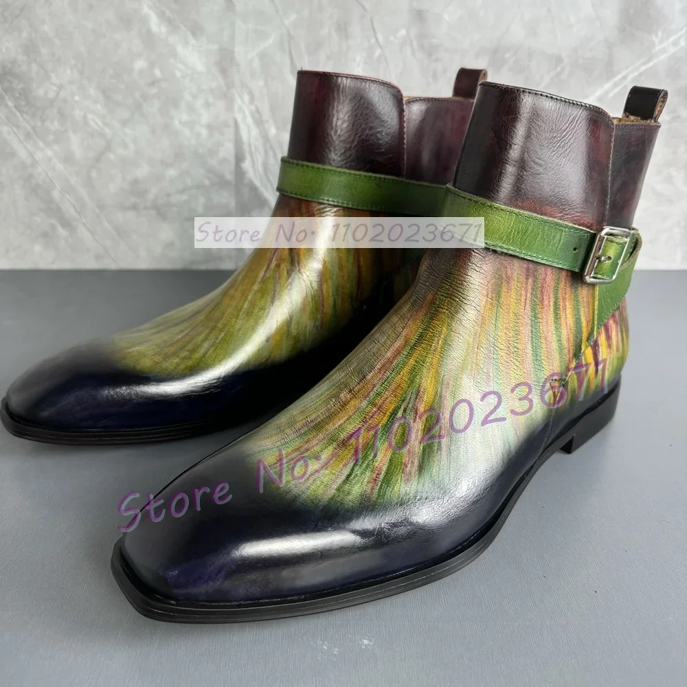Men\'s Green Calf-Skin Leather Jodhpur Boots Polished Color Buckle Strap Party Shoes Fashion Slip On Gentleman Chelsea Boots