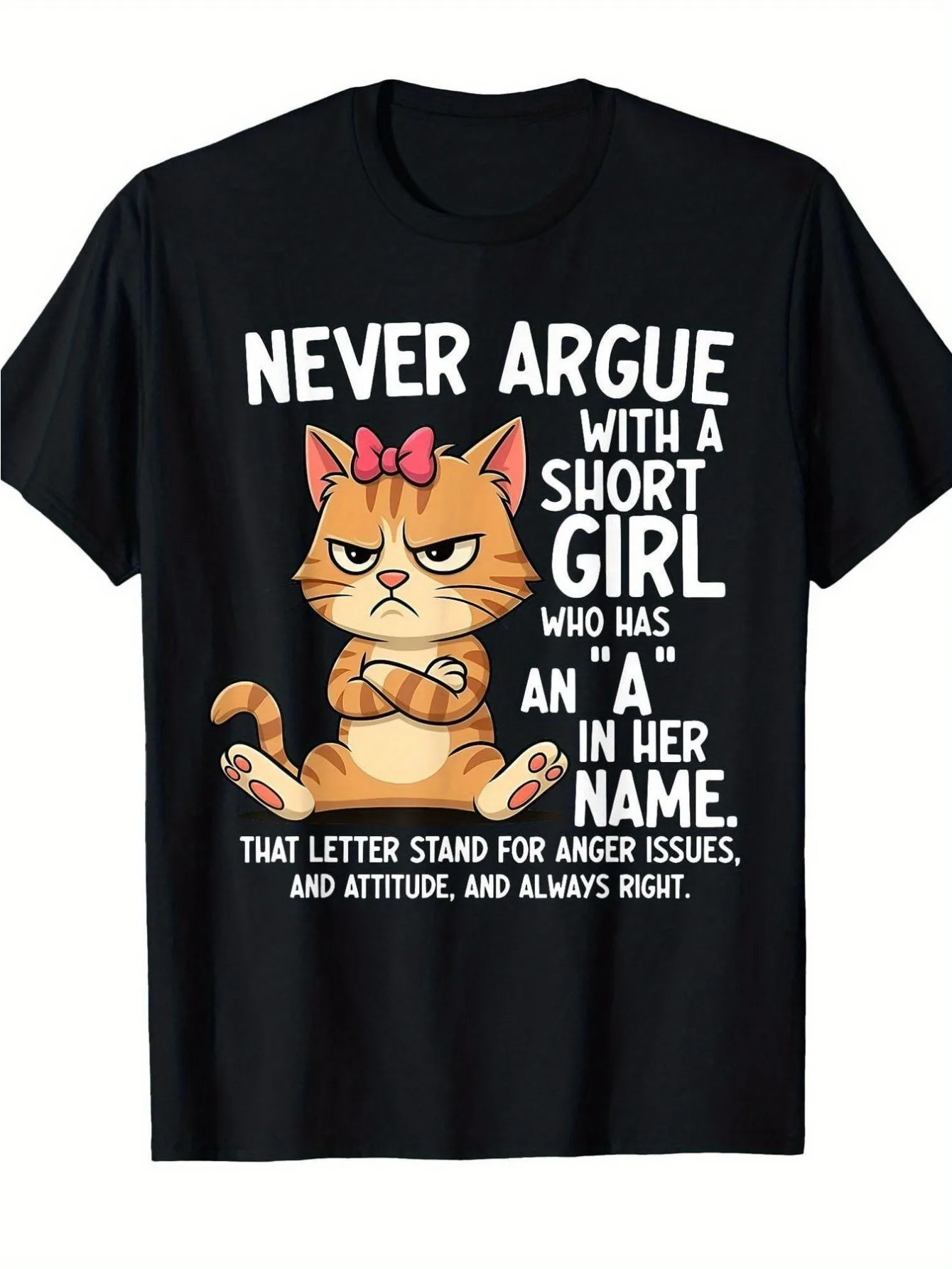 Angry Cartoon Cat Pattern T-Shirt, Eye-Catching Text 