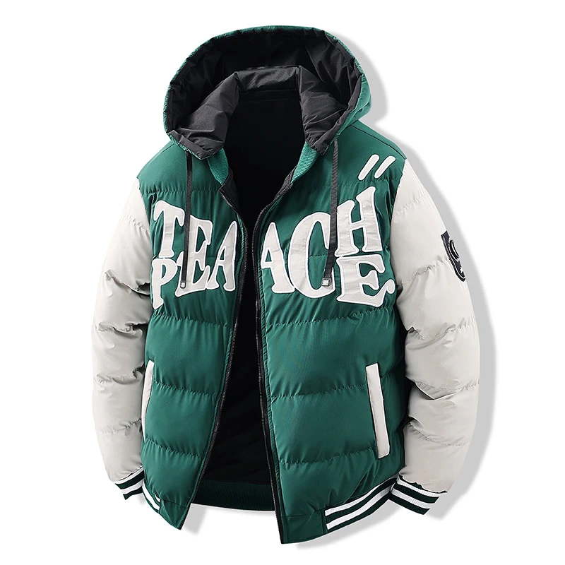Autumn Winter Patchwork Cotton Jacket with Hood Student Couple Color Block Down Padded Coat Men Trendy Outerwear Hooded Parkas