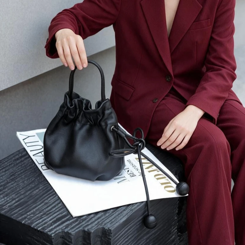 Minimalist Everyday Slouchy Bucket Bag for Women Genuine Leather Luxury Shoulder Bag Drawstring Adjustable Strap