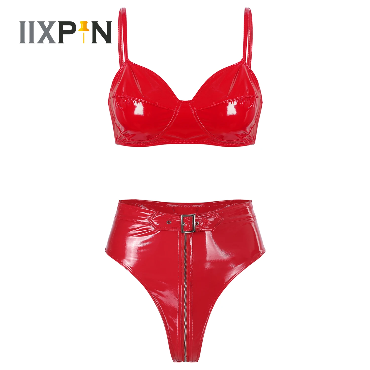 

Patent Leather Sexy Lingerie Black 2Pcs Erotic Sets Women Wireless Bra Top High Cut Underwear Briefs Rave Dance Clubwear Costume