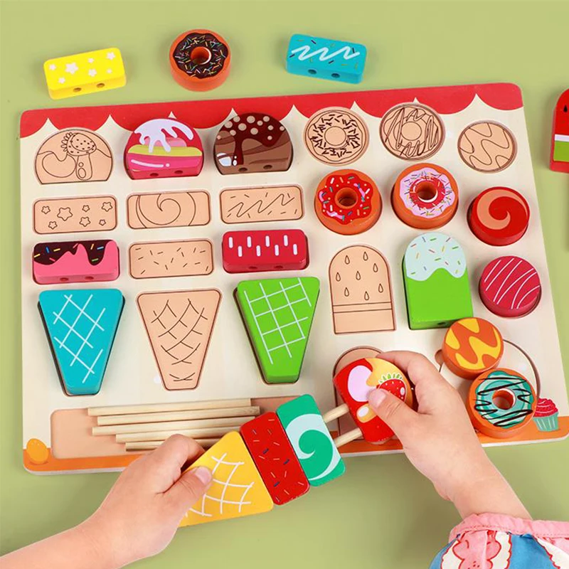Drewniany zestaw do lodów, donuty lodowe i ciasteczka do zabawy w gotowanie w kuchni i interakcji rodzic-dziecko