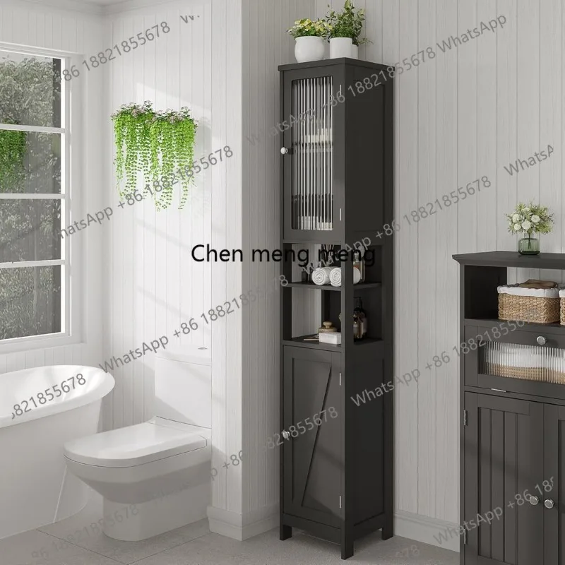 Space-Saving 5-Tier Black Bathroom Storage Cabinet with 2 Doors and Adjustable Shelves