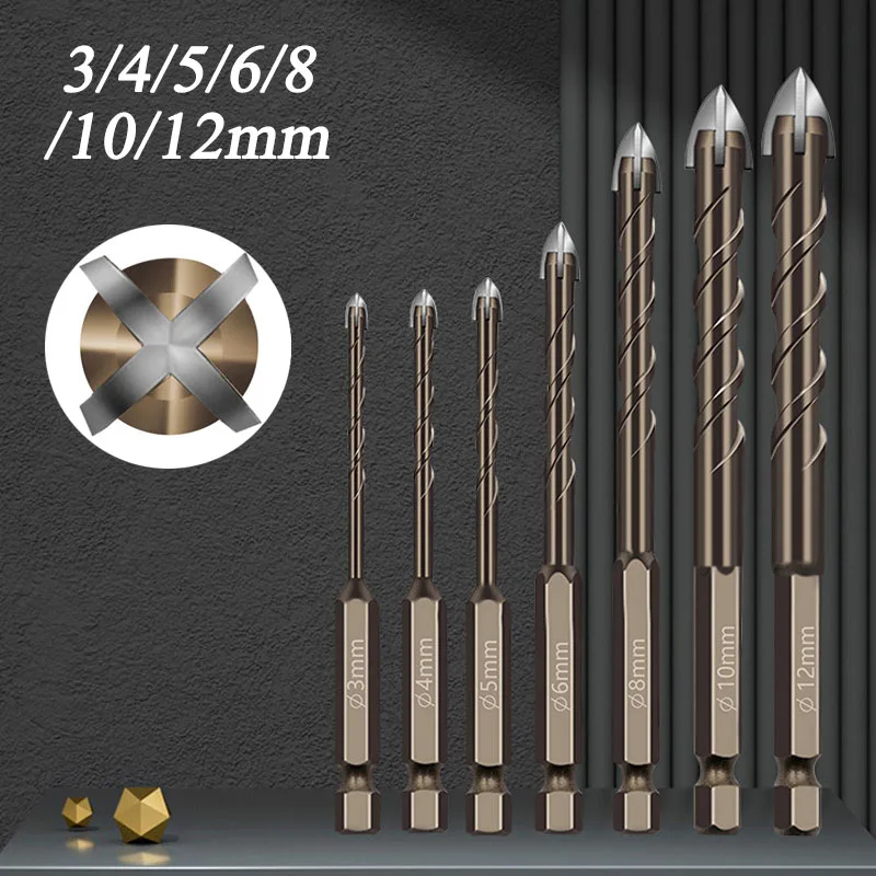 

7pcs Hexagonal Handle Spiral Groove Cross 3-12mm Drill Bit For Glass Metal Plastic Wood Concrete Marble Woodworking Accessories