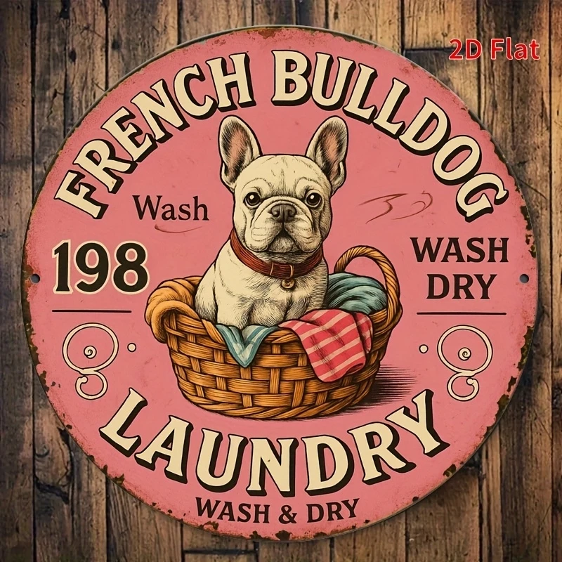 2D Retro-Style Wooden Laundry Sign Bulldog in Basket Design Full-Circle Dial Doghouse Pendant for Home Decor