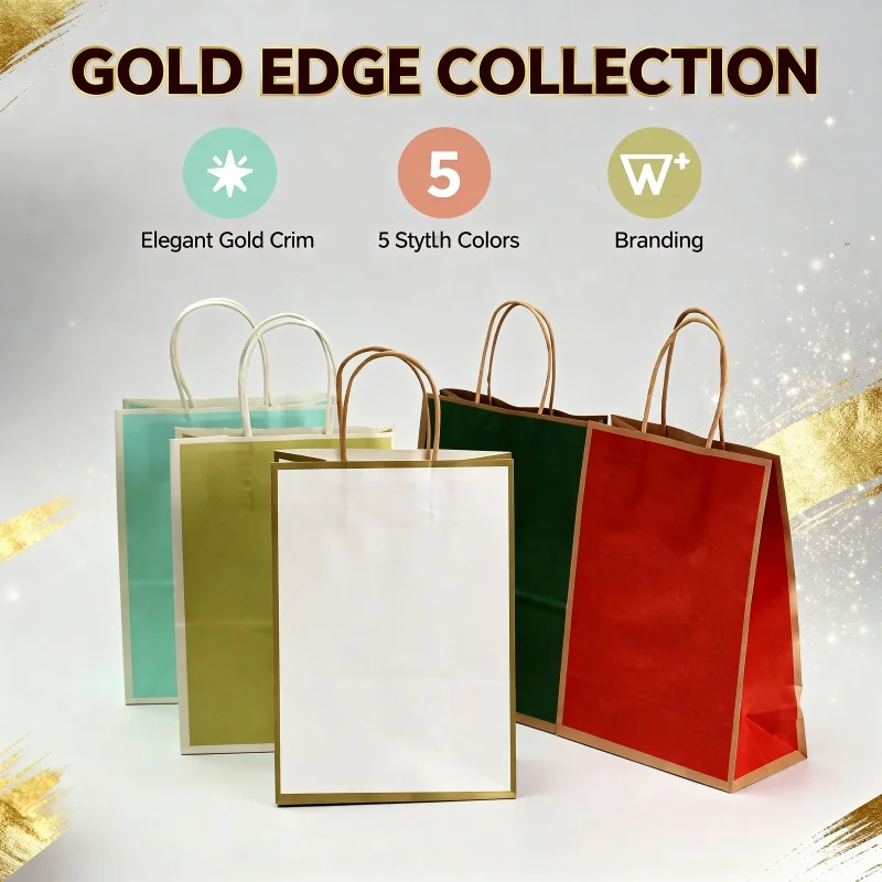 Printed Kraft Paper Bags with Handles & Borders - Foldable for Gift, Shopping, Party, Takeout, Halloween, Thanksgiving, Christma