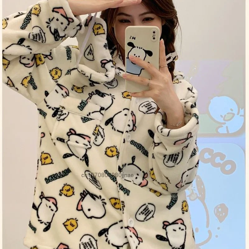 New Sleepwear Sanrio Kuromi Winter Plush Pajamas Set Women Hello Kitty Melody Cinnamoroll Home Clothes Suits Fashion Cute Pijama