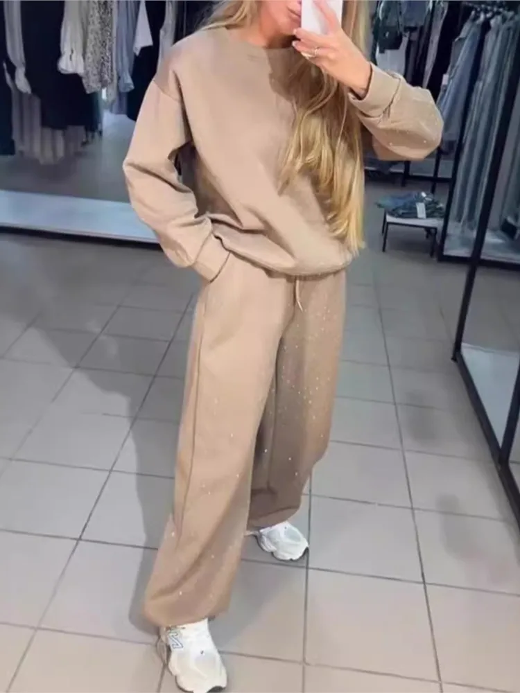 Fall Winter Rhinestone Shiny Loose Fit Set Women O Neck Sweatshirt Pullover Tie-up Pants Tracksuit Retro Loose Sport 2 Pice Set