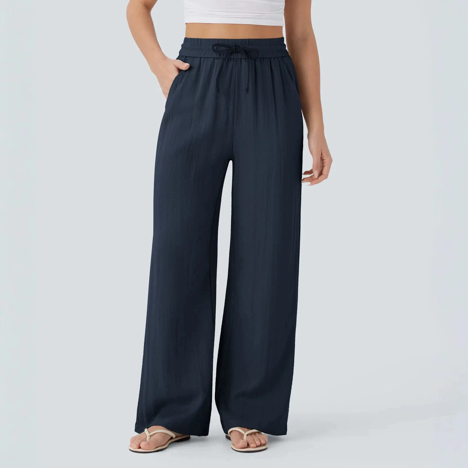 Flowy Wide Leg Linen Pants High Waist Elastic Drawstring Side Pocket Beach Casual Trousers