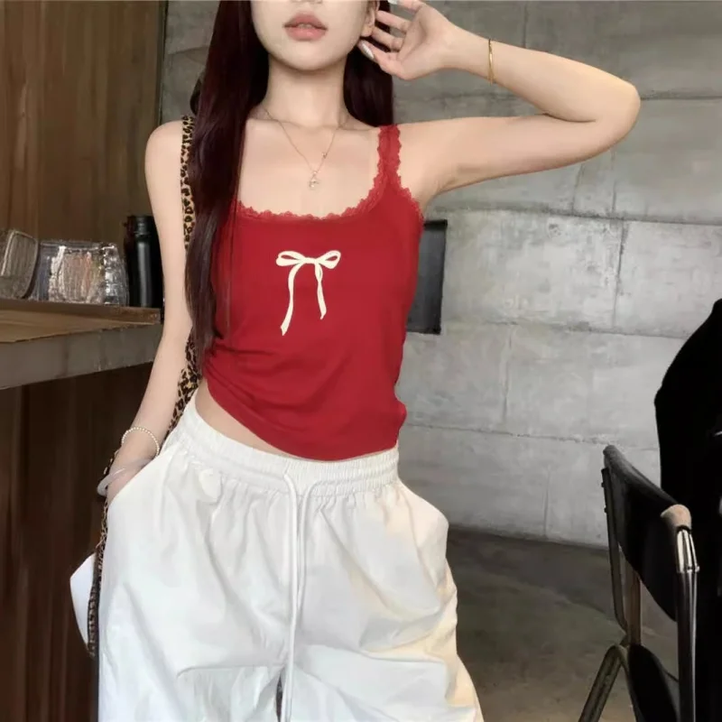 Y2K Goth Kwaii K-fashion Bow Stampa Canotta Donna Sexy Rosso Canotta corta Slim Vintage Tees Maglietta Kpop Canotte Donna Abbigliamento