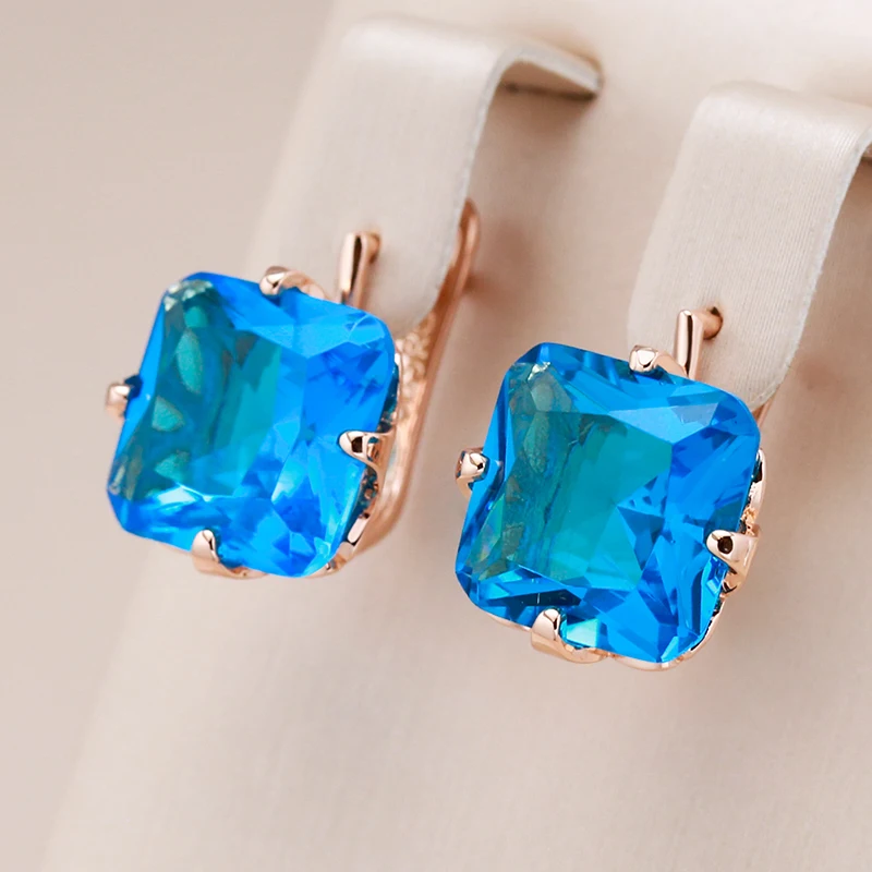 Kinel Hot Big Square Blue Natural Zircon English Earrings for Women 585 Rose Gold Wedding Ethnic Pattern Daily Fine Jewelry