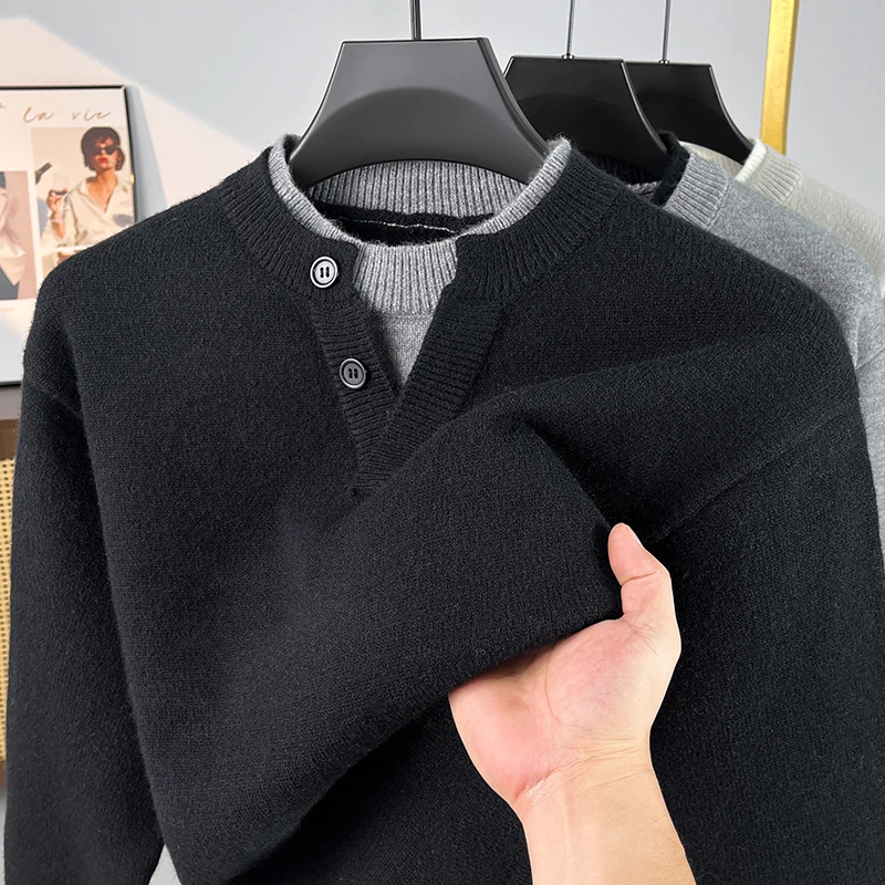 High end fake two-piece knitted sweater men's winter thicken warm new fashion button personality splicing round neck pullover