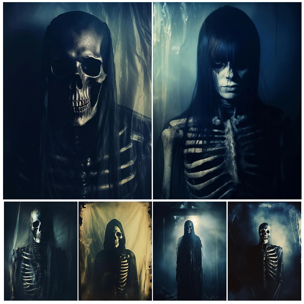 Skeleton Draped In Black Gauze Vintage Wall Art Canvas Painting Mysterious Horror Skeleton Photography Art Poster Print Decor