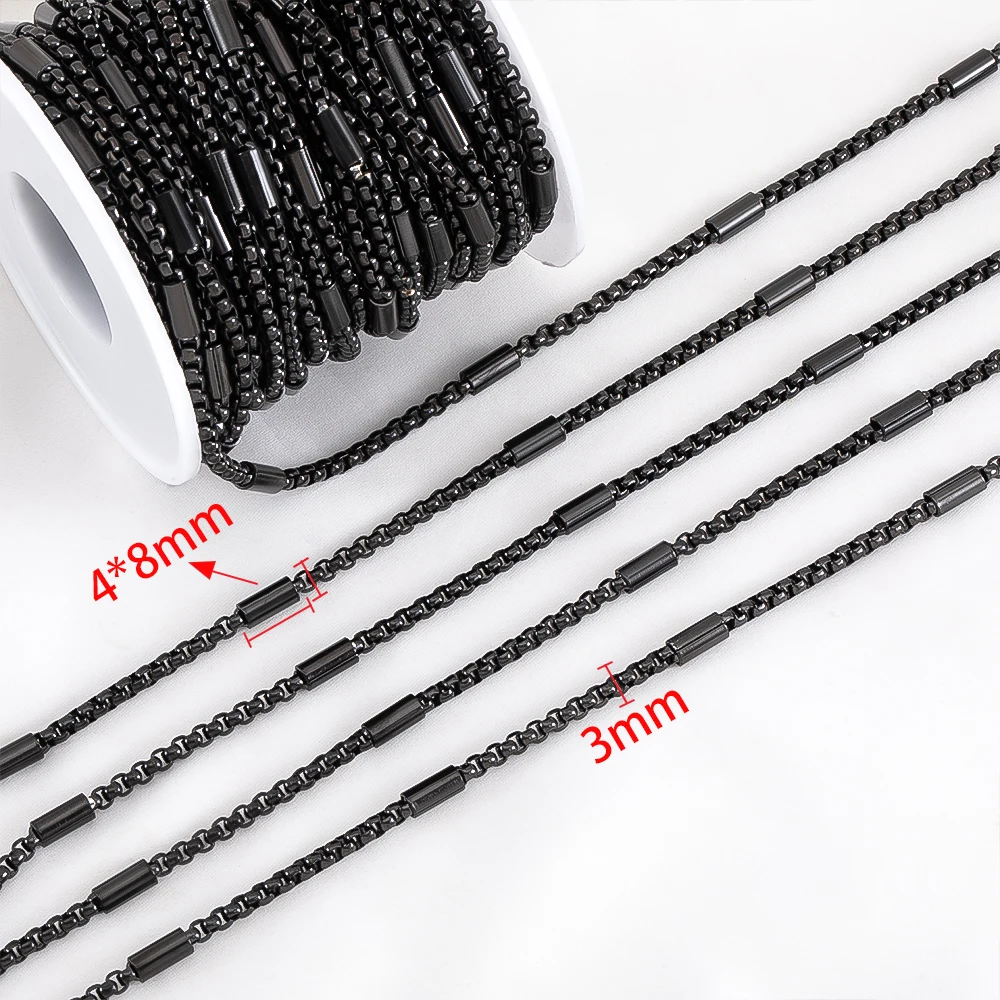 2 متر 1 متر 0.5 متر الهيب هوب الأسود PVD صندوق من الفولاذ المقاوم للصدأ أنبوب كابل مطرز سلاسل DIY الرجال قلادة صنع المجوهرات سوار لوازم السائبة